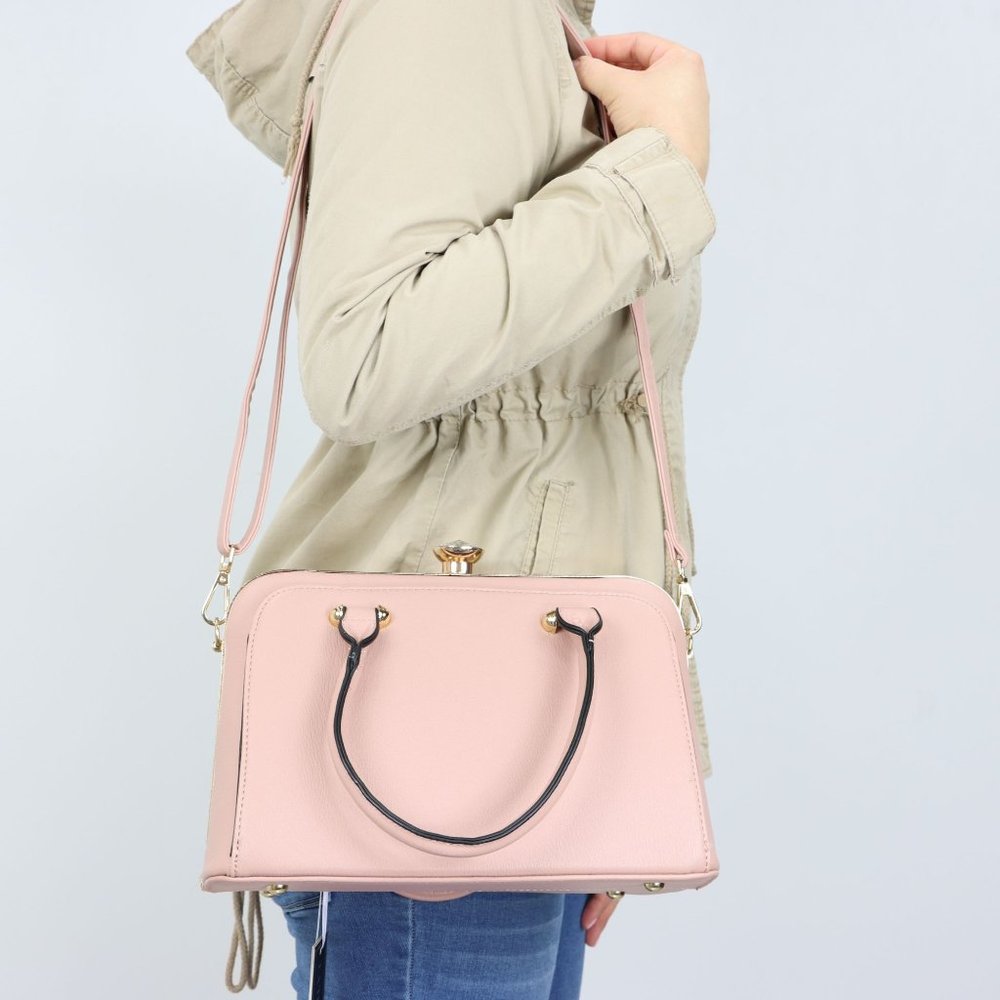 Pink Faux Leather Purse Diamond Snap Closure Doctor Satchel Tote Hand Bag - Picture 8 of 13